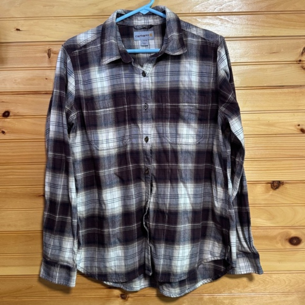 Carhartt Women's Casual Plaid Button Down Shirt - Maroon and White Large (12/14)